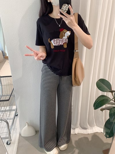 慵懶感撞色條紋垂感寬褲9