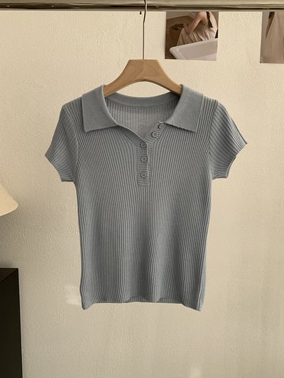 修身POLO領短袖針織上衣7