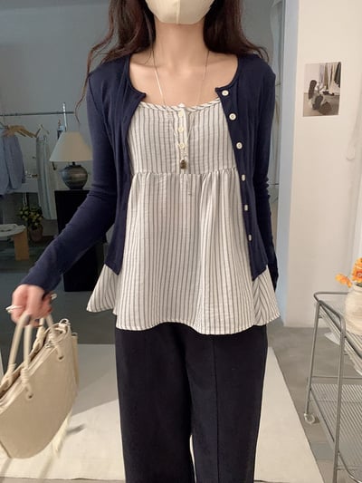 春日防曬針織開衫＋細肩條紋傘擺背心兩件套14