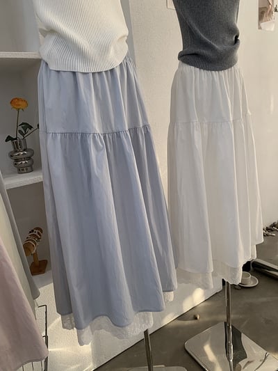 法式蕾絲拼接鬆緊腰長裙7