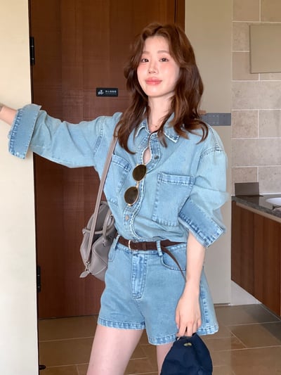 檸檬家～復古水洗牛仔外套＋高腰顯瘦牛仔短褲套裝7