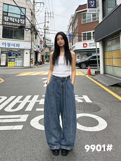 韓系帥翻腰帶水洗牛仔寬褲10