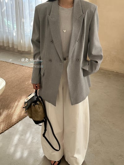 早春奶油黃氣質雙排釦西裝外套19