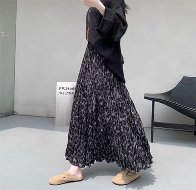 Kahlo｜復古豹紋飄逸百褶長裙5