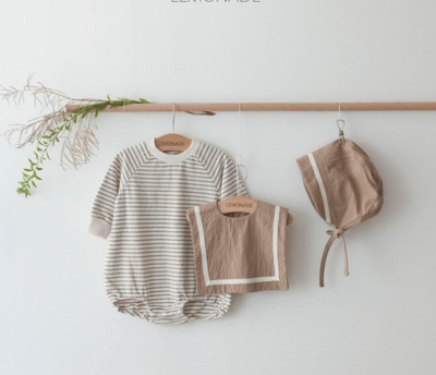 LEMONADE28｜(55cm-85cm) 2色條紋棉質包屁衣含帽子圍兜5