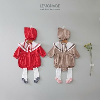 LEMONADE40｜(55cm-85cm) 2色格紋翻領包屁衣含帽子1