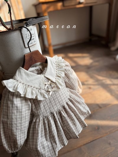 Marron58｜(3m-18m) 格紋荷葉領洋裝包屁衣5