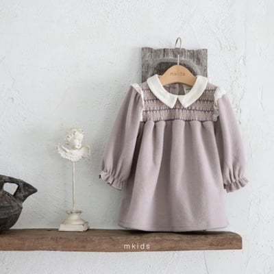 M-KIDS32｜(65-115cm) 2色抓皺圓領洋裝9