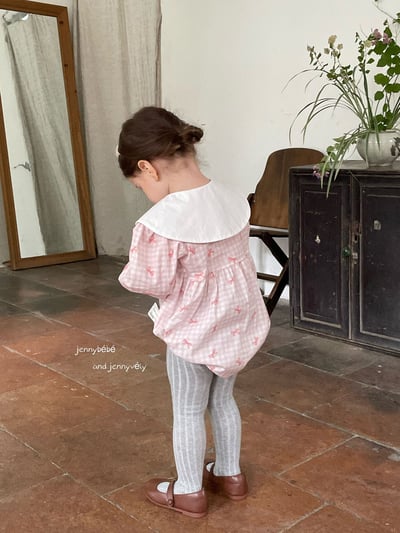 JE525｜(66-90cm) 粉嫩蝴蝶結格紋包屁衣15