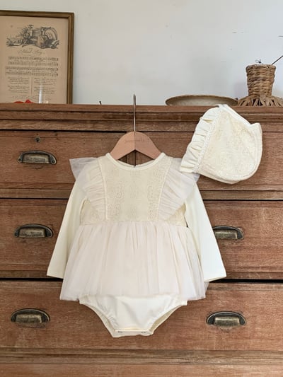 JE021｜(66cm-90cm) 蕾絲花紋薄紗包屁衣含帽子1