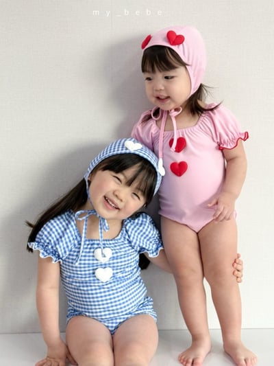 my_bebe03｜(75-105cm) 荷葉抓皺愛心泳衣含泳帽20