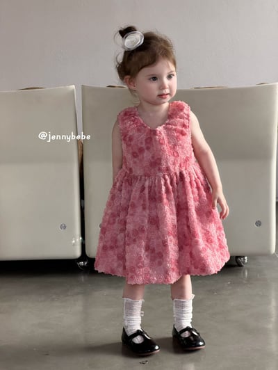 JE726｜(80-130cm) 粉嫩玫瑰花綁帶蓬蓬洋裝8