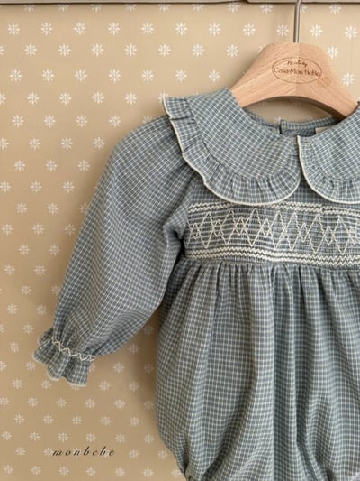 MONBEBE18｜(3m-24m) 細格紋荷葉領包屁衣8