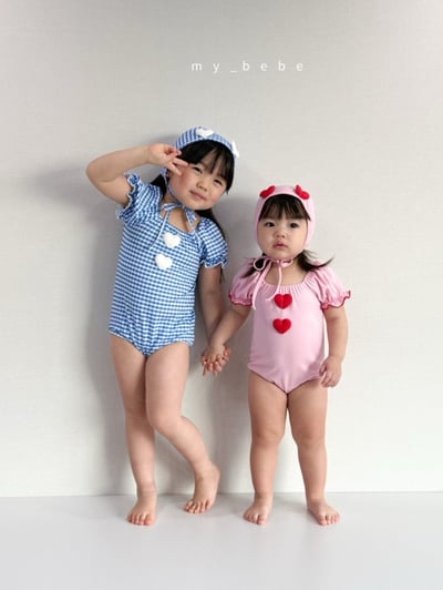 my_bebe03｜(75-105cm) 荷葉抓皺愛心泳衣含泳帽3