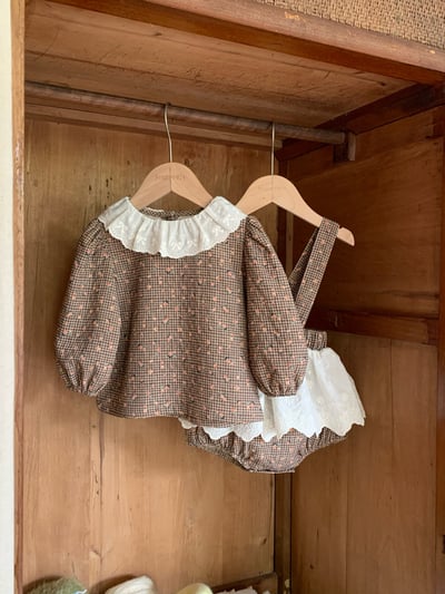 JE628｜(73cm-100cm) 格紋玫瑰花蕾絲包屁衣3