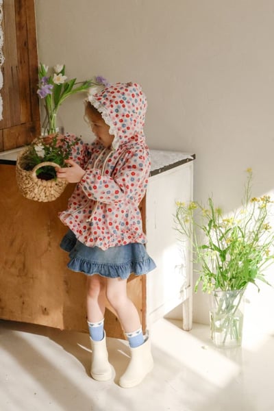 FLO49｜(75-140) 2色田園碎花蕾絲花邊連帽外套6