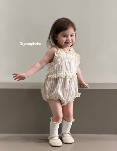 JE691｜(66-90cm)  蕾絲花邊條紋無袖包屁衣1