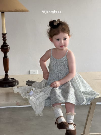 JE721｜(73-100cm) 天藍碎花細肩洋裝/壓紋開襟外套7