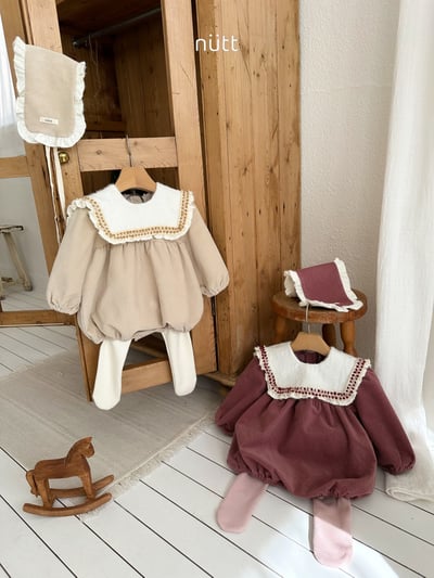 Nutt03｜(3m-16m) 翻領磨毛包屁衣含髮帶1