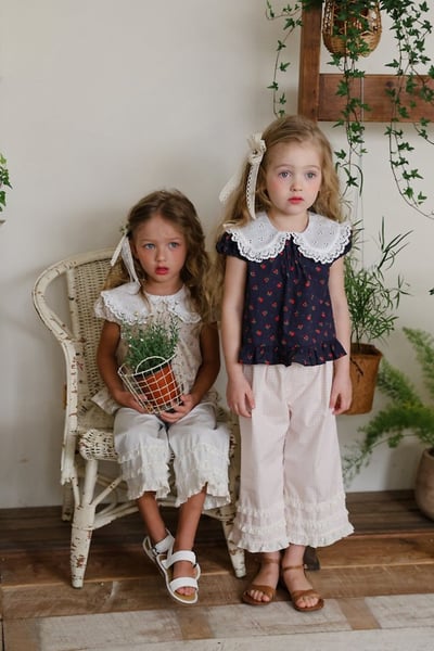 FLO39｜(75-140) 蕾絲翻領碎花公主袖上衣4