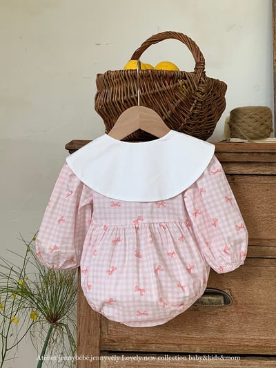 JE525｜(66-90cm) 粉嫩蝴蝶結格紋包屁衣3