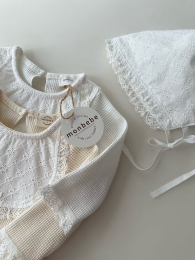 MONBEBE08｜(0m-12m) 蕾絲綁帶帽7