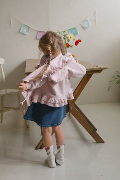 FLO59｜(75-140) 2色蕾絲荷葉花邊連帽拉鍊外套3