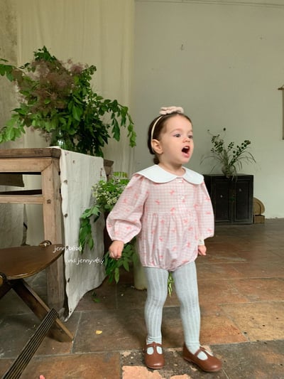 JE525｜(66-90cm) 粉嫩蝴蝶結格紋包屁衣6