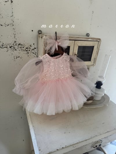 Marron57｜(3m-18m) 絲帶薄紗澎澎洋裝包屁衣9