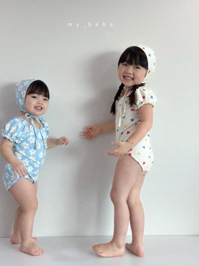 my_bebe02｜(75-105cm) 抓皺小花愛心泳衣含泳帽9