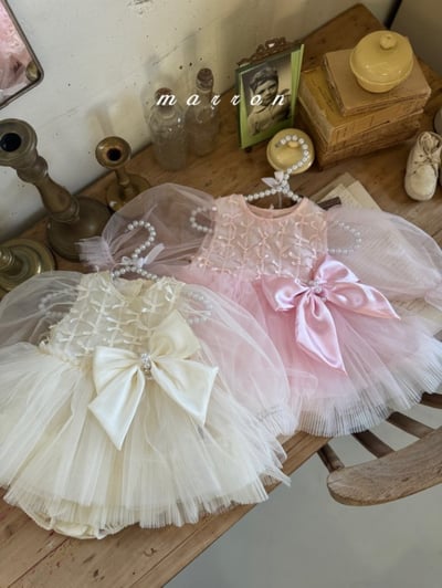 Marron57｜(3m-18m) 絲帶薄紗澎澎洋裝包屁衣10