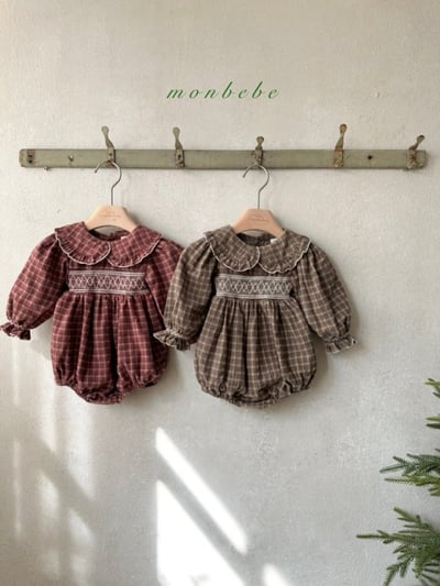 MONBEBE55｜(3m-24m) 荷葉領縮口袖格紋包屁衣1