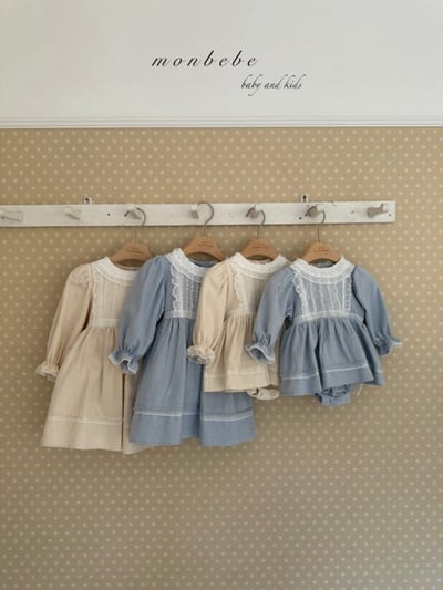 MONBEBE01｜(3m-24m) 蕾絲滾邊緞帶洋裝包屁衣10