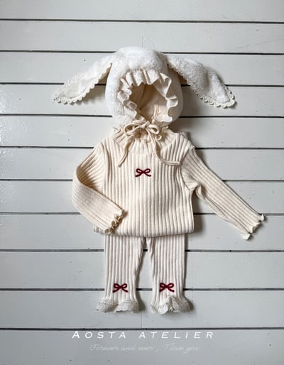 AOSTA38｜(6m-5y) 蕾絲刷毛小兔綁帶帽7