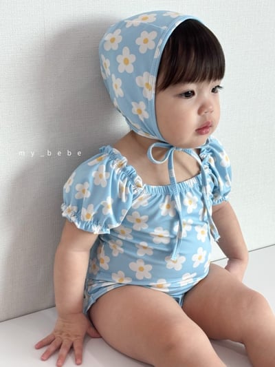 my_bebe02｜(75-105cm) 抓皺小花愛心泳衣含泳帽7
