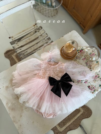 Marron57｜(3m-18m) 絲帶薄紗澎澎洋裝包屁衣3