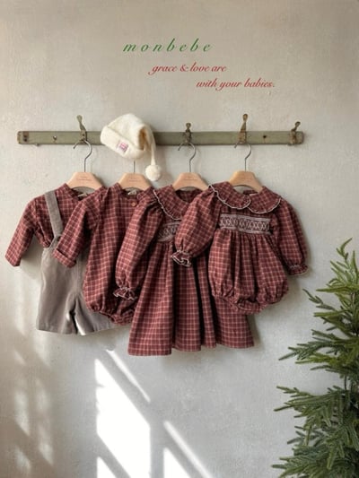 MONBEBE55｜(3m-24m) 荷葉領縮口袖格紋包屁衣7