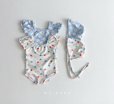 my_bebe02｜(75-105cm) 抓皺小花愛心泳衣含泳帽1