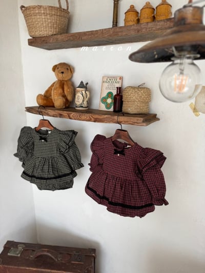 Marron 40｜(3m-18m) 法式荷葉袖格紋層次裙包屁衣12