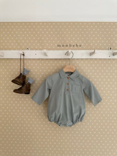 MONBEBE16｜(3m-24m) 細格紋有領包屁衣7