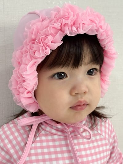 my_bebe05｜(75-105cm) 格紋長袖泳衣/花邊泳帽4