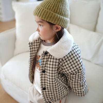 neneru23｜(70cm-125cm) 1色刷毛領格紋夾層棉外套1