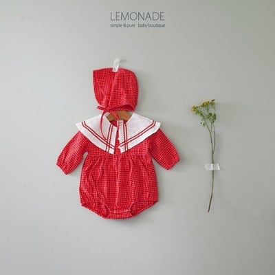 LEMONADE40｜(55cm-85cm) 2色格紋翻領包屁衣含帽子6
