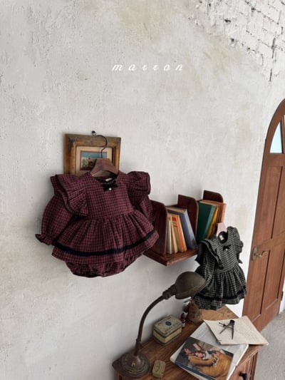 Marron 40｜(3m-18m) 法式荷葉袖格紋層次裙包屁衣18