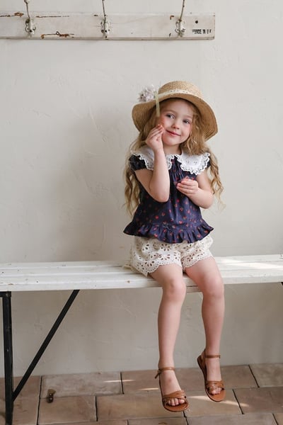 FLO39｜(75-140) 蕾絲翻領碎花公主袖上衣8