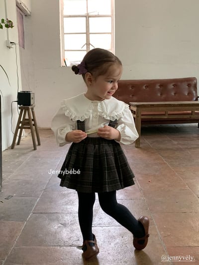 JE562｜(73-100cm) 蕾絲大翻領襯衫/格紋(可拆)吊帶包屁裙17