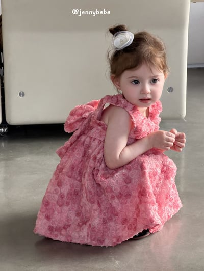 JE726｜(80-130cm) 粉嫩玫瑰花綁帶蓬蓬洋裝4