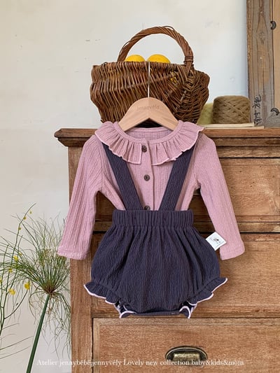 JE564｜(73-100cm) 荷葉領開襟外套/坑條滾邊吊帶褲5