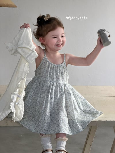 JE721｜(73-100cm) 天藍碎花細肩洋裝/壓紋開襟外套5