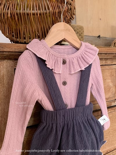 JE564｜(73-100cm) 荷葉領開襟外套/坑條滾邊吊帶褲8